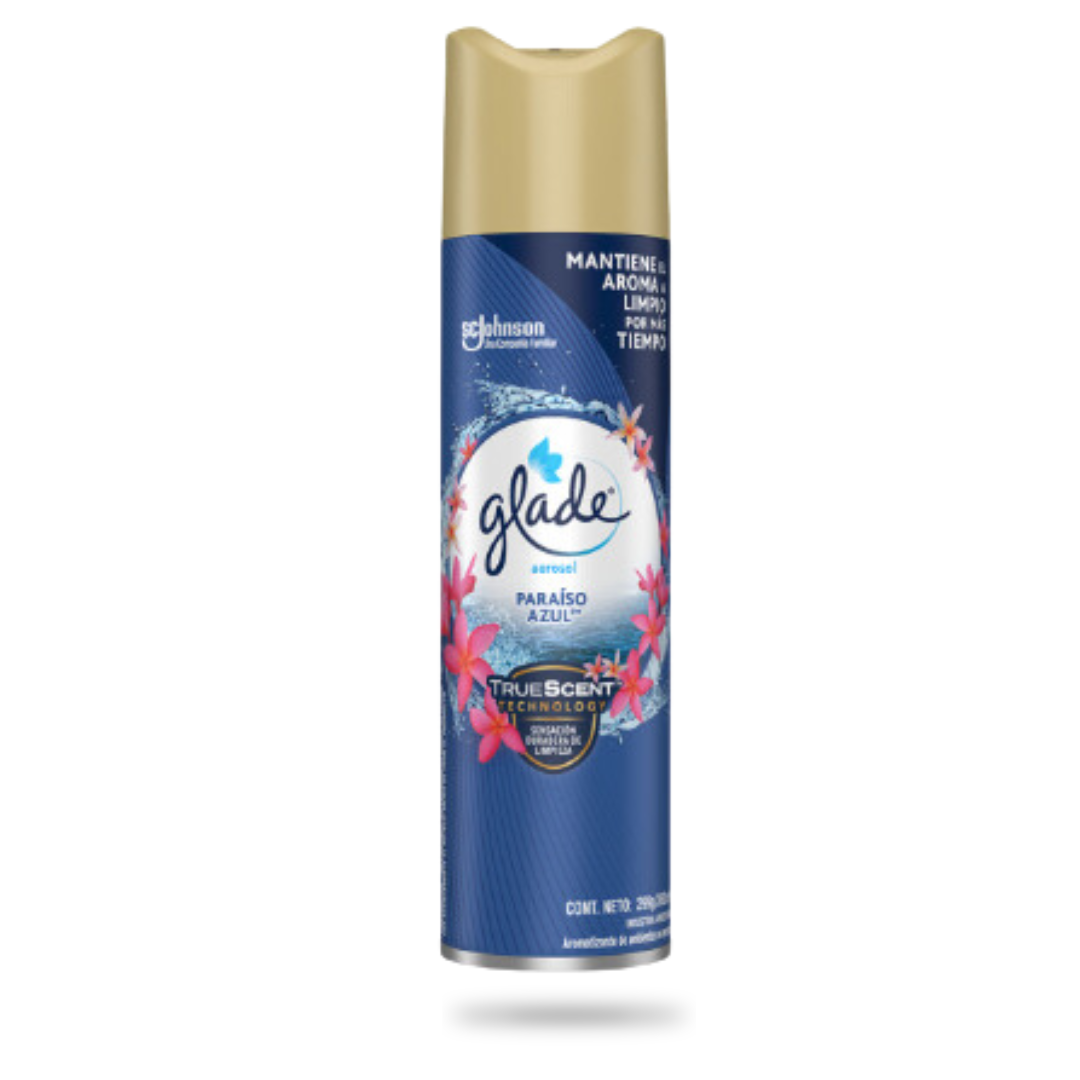 18 pAQUETES 200 UDS DOBLE HOJA (44) Desodorante Ambiental Aerosol Paraíso Azul 360 cc Glade - Imagen 1